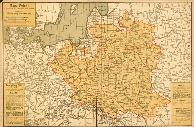 Mapa Polski : w granicach z. r. 1772 (przed 1-szym rozbiorem) na pamiątkę 100-letniej rocznicy III-go rozbioru Polski.